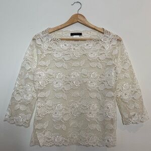 Vintage Josie Natori Full Floral Lace Sheer Mesh Boat Neck 3/4 Sleeve Top medium